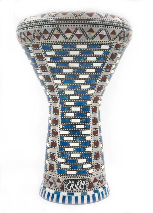 Gawharet El Fan 15.5" Darbuka Blue and white geometric / square design